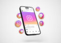 A smartphone displays an Instagram post with the Instagram logo on the screen. Surrounding the phone are 3D icons of hearts, shopping carts, and cameras on a light background. | FintechZoom