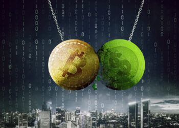 A gold Bitcoin coin and a green US dollar coin collide like pendulums above a city skyline, with binary code in the background, symbolizing the impact of cryptocurrency on traditional finance. | FintechZoom