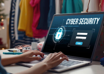 A person typing on a laptop displaying a cyber security login screen with a padlock icon, in a room with clothes, bags, and a Christmas tree in the background. | FintechZoom