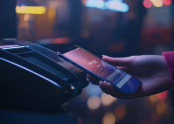 A person holds a smartphone near a payment terminal, making a contactless payment. The scene is dimly lit with colorful lights in the background, creating a modern, digital atmosphere. | FintechZoom