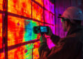 A person in a hard hat uses a handheld thermal imaging device to inspect a wall with a vivid heat map display in red, orange, yellow, green, and blue colors showing temperature variations. | FintechZoom