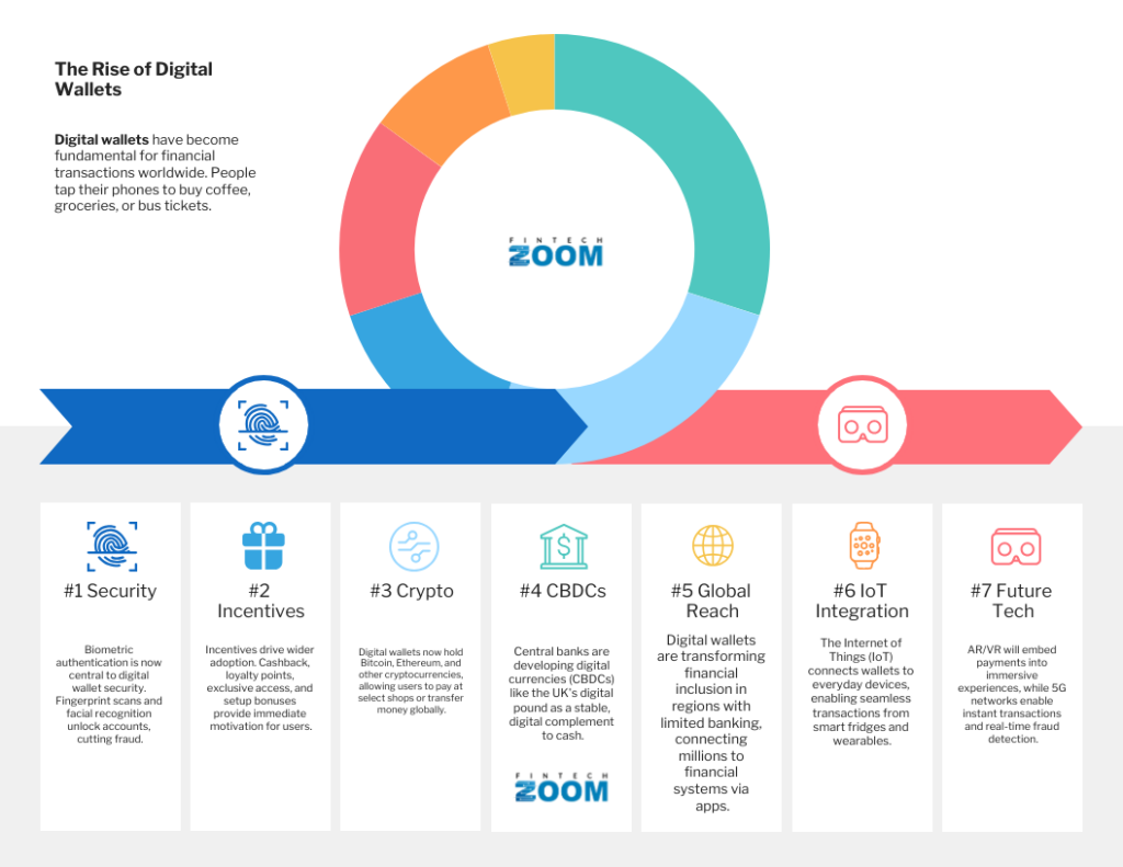 Infographic titled "The Rise of Digital Wallets" with a circular graphic and seven sections explaining trends: Security, Incentives, Crypto, CBDCs, Global Reach, IoT Integration, and Future Tech, each with icons and brief descriptions. | FintechZoom
