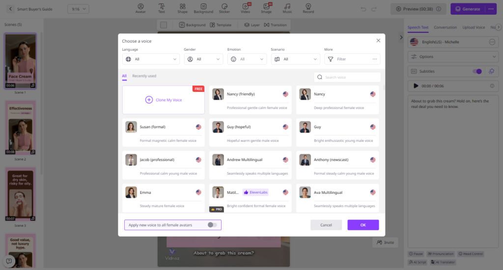 A computer screen displays a text-to-speech software interface, showing a selection menu with various voice options, including names, flags, and voice attributes. The background shows a partially visible script and editing tools. | FintechZoom