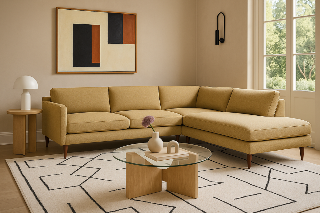 A modern living room with a yellow sectional sofa, round glass coffee table, geometric-patterned rug, side table with a white lamp, abstract wall art, and large window letting in natural light. | FintechZoom