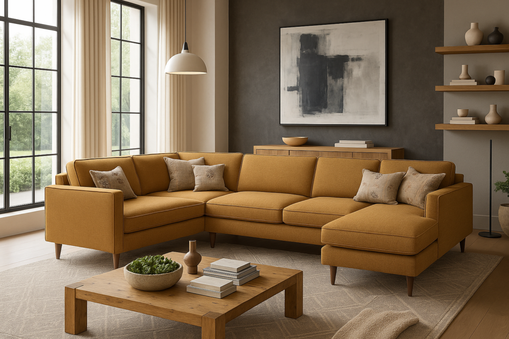 A modern living room with a mustard yellow sectional sofa, neutral throw pillows, a wooden coffee table with books and a plant, large windows with light curtains, and abstract art on a dark accent wall. | FintechZoom