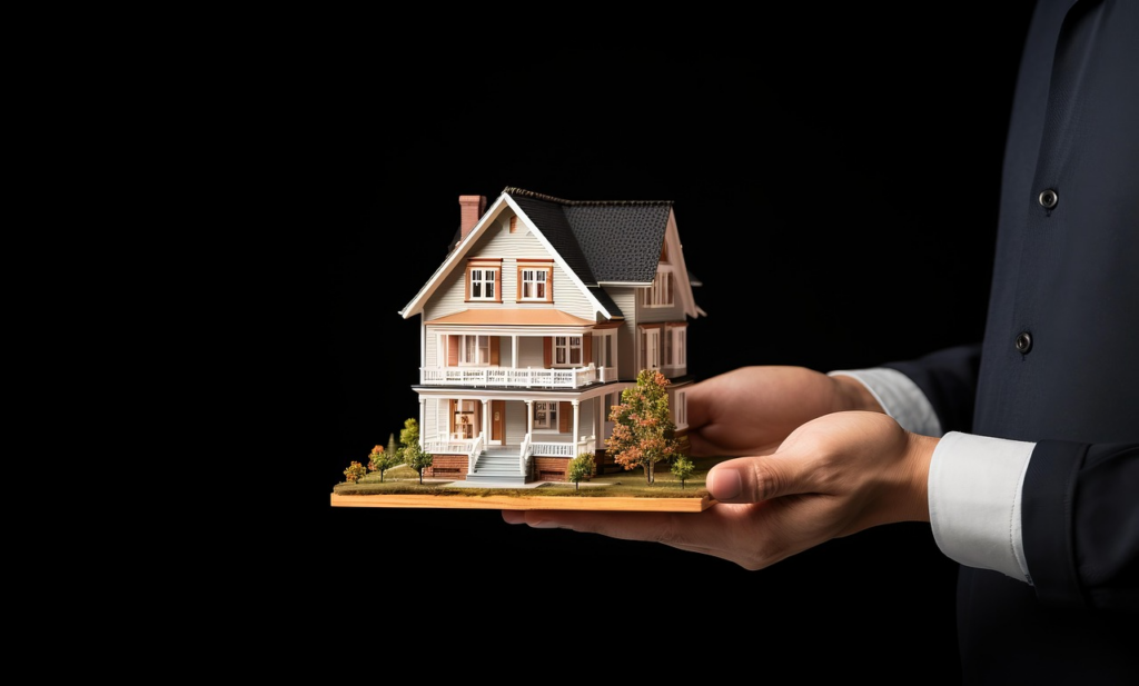 A person in a suit holds a detailed miniature model of a house with a porch, windows, and surrounding greenery, against a solid black background. | FintechZoom