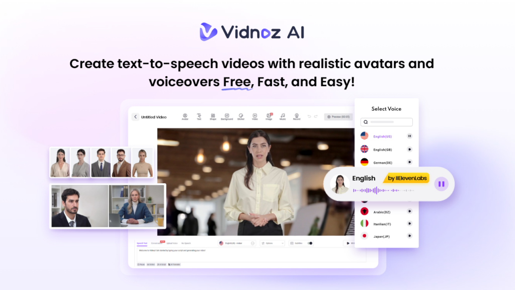 Screenshot of Vidnoz AI’s interface, showing text-to-speech video creation with a female avatar on screen, a voice selection menu, and multiple avatar options. Text highlights ease and speed of creating voiceover videos. | FintechZoom
