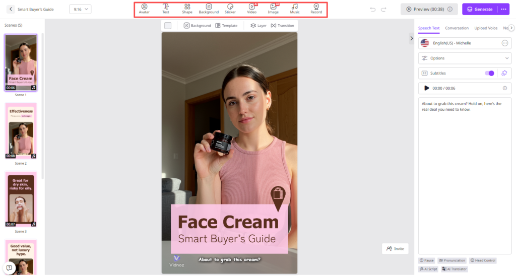 A woman in a pink top holds a small jar, possibly face cream. Text on the image reads "Face Cream Smart Buyer's Guide." Editing tools and video storyboard are visible on the screen. | FintechZoom