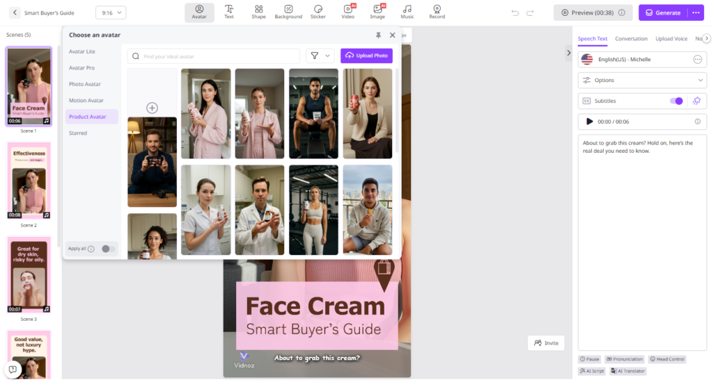 A screen shows a video editing platform with multiple human avatars to select from, editing tools, and a preview of a video slide titled “Face Cream Smart Buyer’s Guide” featuring a woman holding a skincare product. | FintechZoom