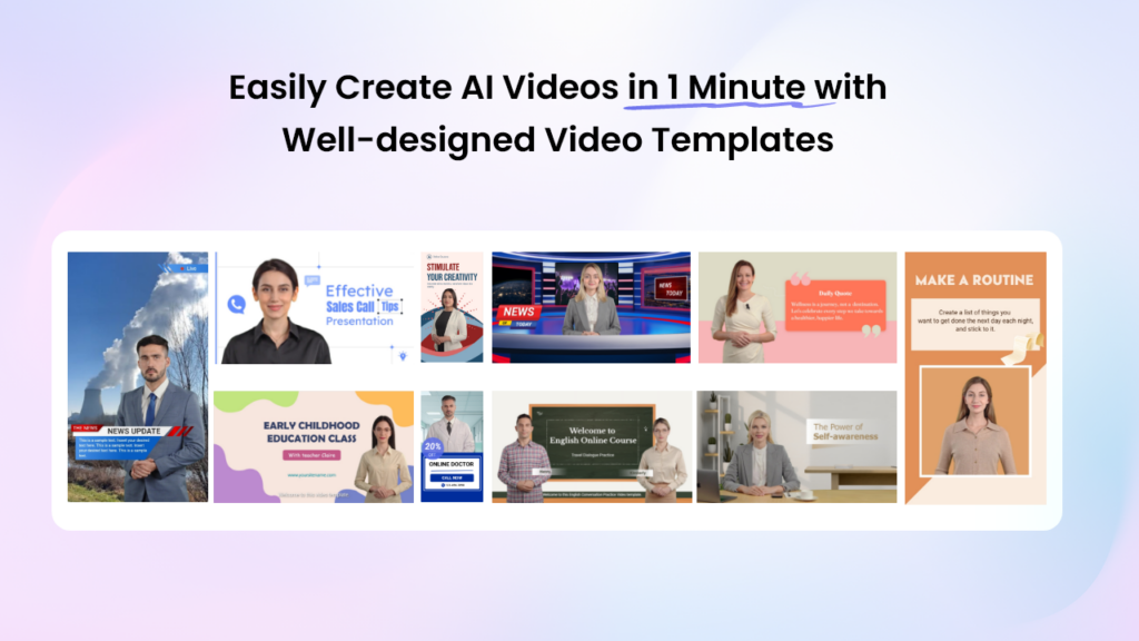A banner showing the text "Easily Create AI Videos in 1 Minute with Well-designed Video Templates" above a selection of diverse video templates featuring virtual presenters, news, presentations, and educational content. | FintechZoom