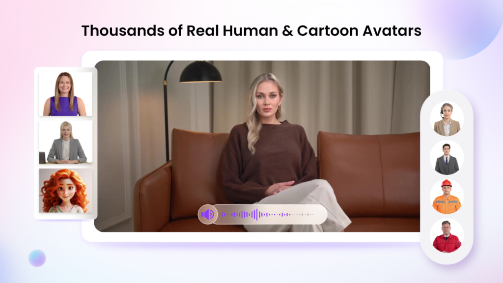 A woman sits on a sofa in a video call interface, surrounded by smaller profile pictures of real people and a cartoon avatar, with the text "Thousands of Real Human & Cartoon Avatars" above. | FintechZoom
