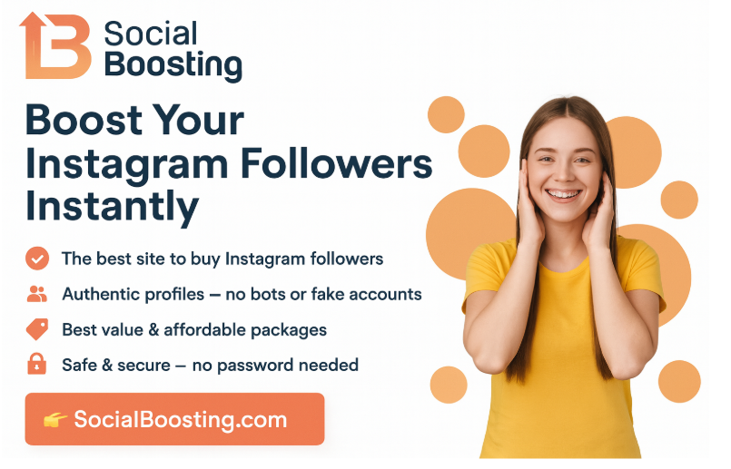A smiling young woman in an orange shirt stands beside text promoting Social Boosting, a service to instantly boost Instagram followers with secure, authentic, and affordable packages. A website link is displayed at the bottom. | FintechZoom