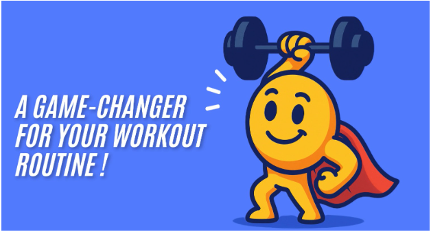 An illustration of a smiling yellow character wearing a red cape, lifting a barbell overhead, with the text "A GAME-CHANGER FOR YOUR WORKOUT ROUTINE!" on a blue background. | FintechZoom