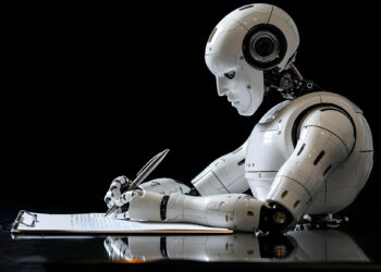 A humanoid robot with white and metallic features sits at a desk, holding a pen and writing on a piece of paper, set against a black background. | FintechZoom