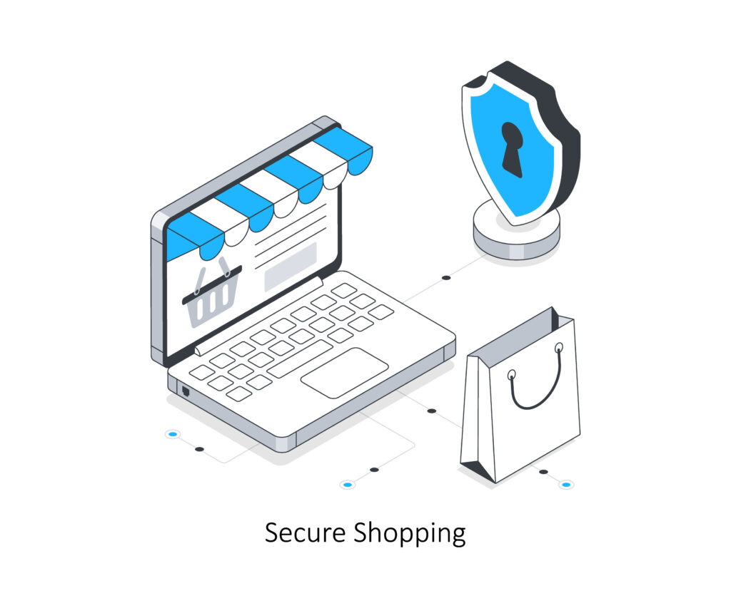 An illustration of a laptop with a shopping webpage, a shopping bag, and a shield with a keyhole symbol, representing secure online shopping. The text "Secure Shopping" is below the image. | FintechZoom