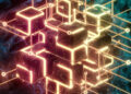 A glowing digital cube structure with neon edges is interconnected by illuminated lines, floating over a swirling blue and black abstract background, representing futuristic technology or a virtual network. | FintechZoom