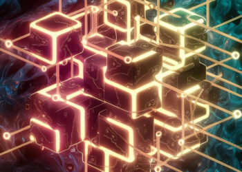 A glowing digital cube structure with neon edges is interconnected by illuminated lines, floating over a swirling blue and black abstract background, representing futuristic technology or a virtual network. | FintechZoom