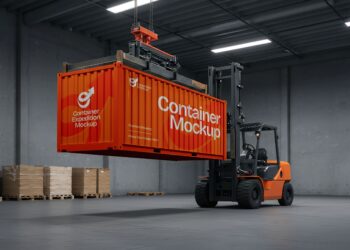 A forklift lifts an orange shipping container labeled "Container Mockup" inside a spacious warehouse with pallet stacks against the concrete wall. The scene has industrial lighting and a modern, organized atmosphere. | FintechZoom