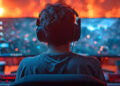 A person wearing headphones sits at a desk playing a computer game on dual monitors, with colorful red and blue lighting and blurred background lights creating a vibrant gaming atmosphere. | FintechZoom