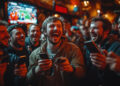 A group of young men laugh and hold smartphones while watching a sports game on TV in a lively, warmly lit bar filled with people. | FintechZoom