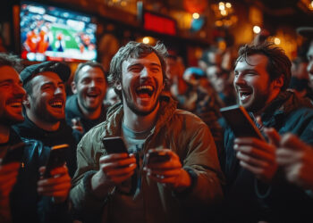 A group of young men laugh and hold smartphones while watching a sports game on TV in a lively, warmly lit bar filled with people. | FintechZoom