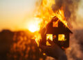 A hand holds a small wooden house model that is engulfed in bright flames, with the sun setting in the background and smoke rising around the burning house. | FintechZoom