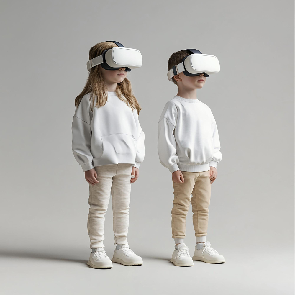 Two young children wearing white sweatshirts, beige pants, and sneakers stand side by side, each wearing a virtual reality headset against a plain light gray background. | FintechZoom