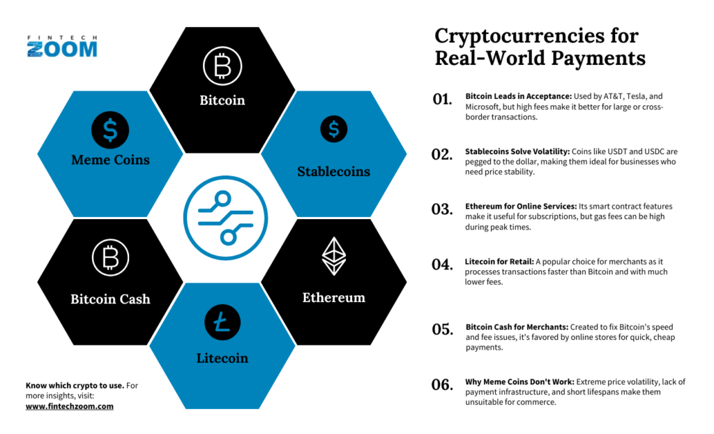 An infographic titled "Cryptocurrencies for Real-World Payments" features hexagons with logos for Bitcoin, Stablecoins, Ethereum, Meme Coins, Bitcoin Cash, and Litecoin, alongside brief descriptions of each crypto’s real-world uses. | FintechZoom