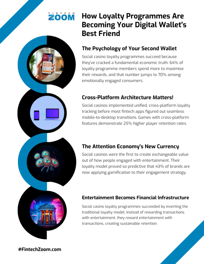 An infographic titled "How Loyalty Programmes Are Becoming Your Digital Wallet's Best Friend," listing four key points with blue icons and text, alongside a photo of a person using a smartphone and laptop. #FintechZoom.com. | FintechZoom