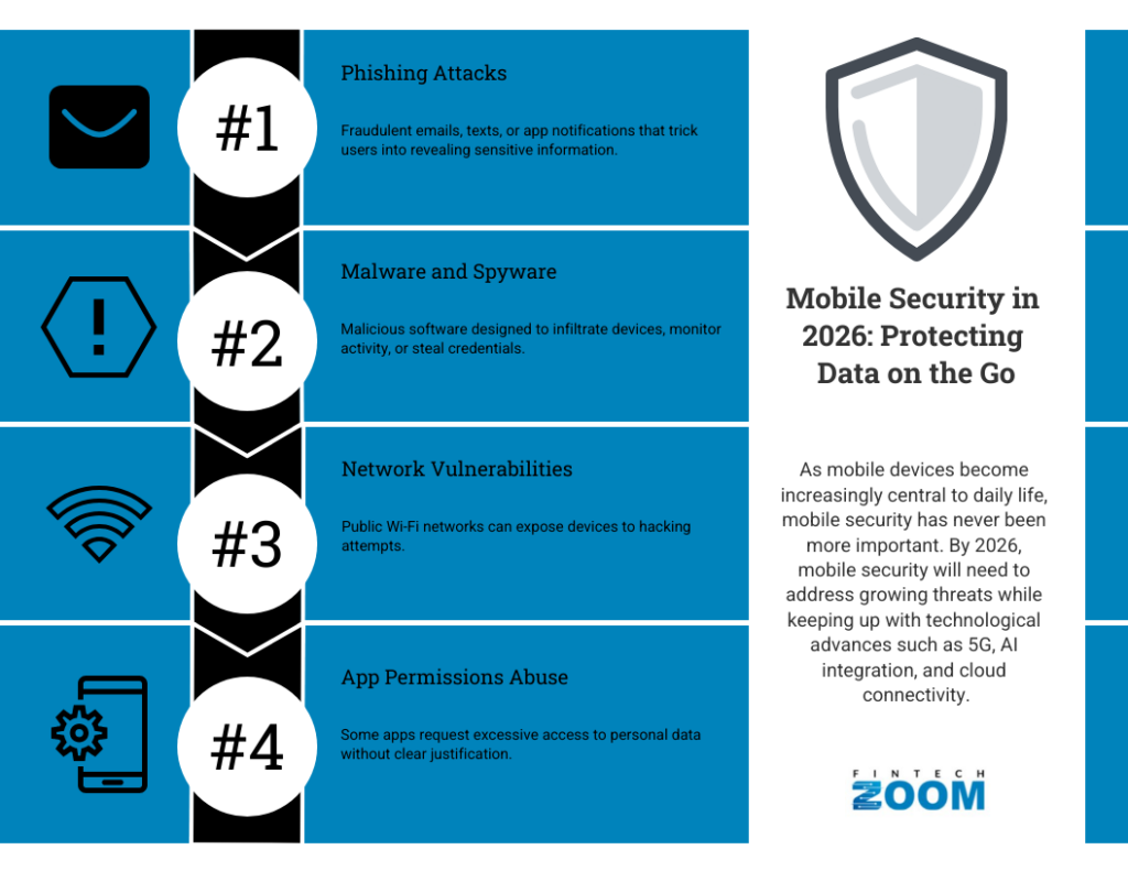 Infographic titled "Mobile Security in 2026: Protecting Data on the Go" highlights phishing attacks, malware, network vulnerabilities, and app permissions abuse, emphasizing the growing importance of Mobile Security. | FintechZoom