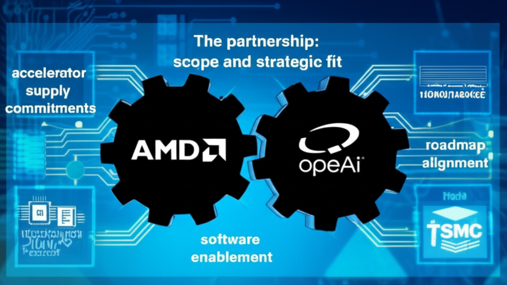 Interlocking AMD and OpenAI gears with technological nodes and circuit lines.