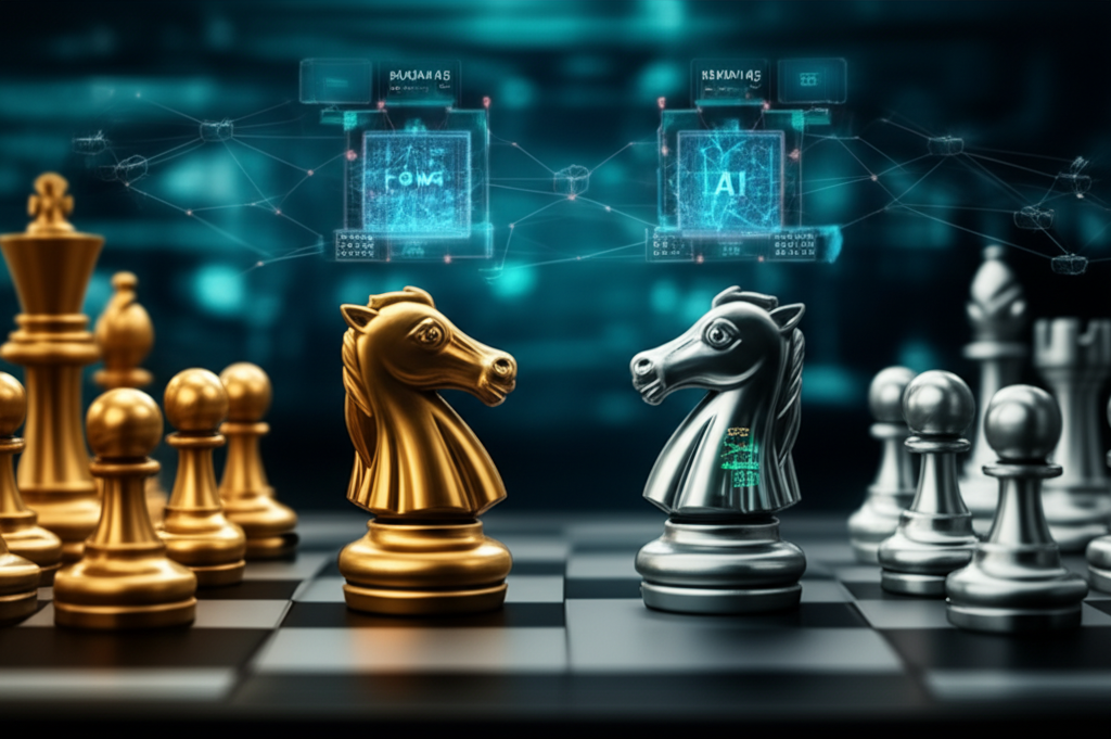 Chessboard with gold knight for Nvidia and silver rook for AMD on digital backdrop.