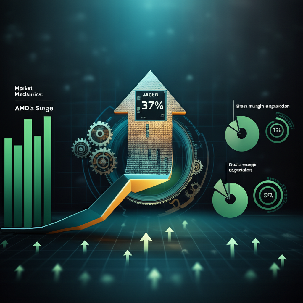 Infographic showing AMD's 37% stock surge with arrow, gears, and financial charts.
