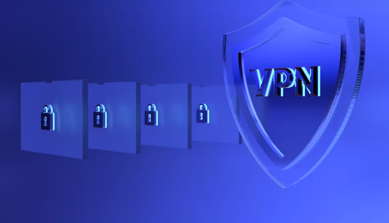 A blue-toned digital image showing four folder icons with padlocks and a large transparent shield labeled "VPN," symbolizing data security and protection. | FintechZoom