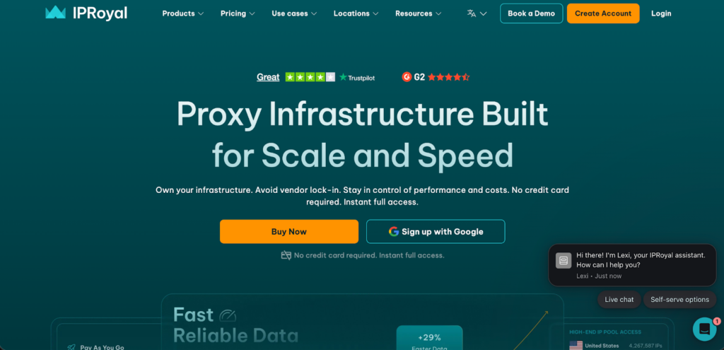 Screenshot of IPRoyal's homepage, featuring the headline "Proxy Infrastructure Built for Scale and Speed," a brief description, review ratings, and options to buy, sign up, or book a demo. Various navigation links are visible. | FintechZoom