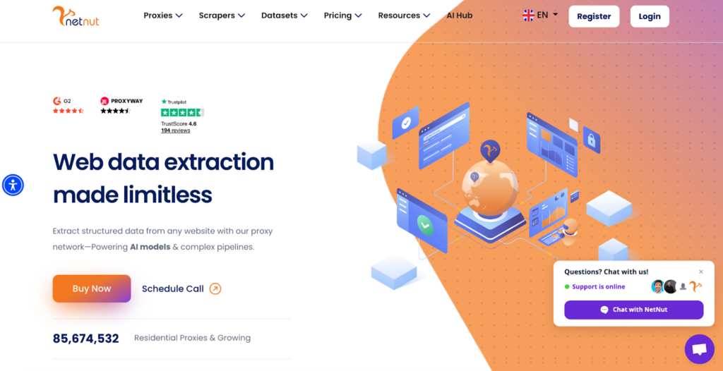 Screenshot of NetNut's website homepage, showing a header about web data extraction, options to "Buy Now" or "Schedule Call," animated graphics of data and servers, stats, and a live chat popup in the bottom right corner. | FintechZoom