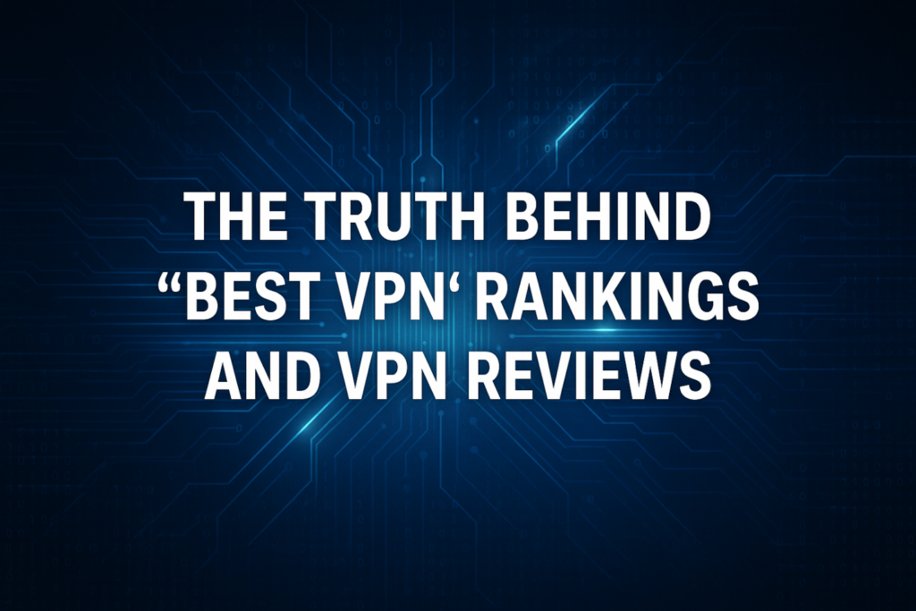 White text on a dark blue digital background reads: "The truth behind 'Best VPN' rankings and VPN reviews." Circuit-like lines radiate from the center, highlighting the role of VPN technology in cybersecurity. | FintechZoom