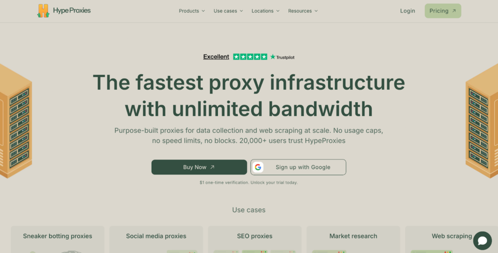Screenshot of the HypeProxies website homepage displaying a headline, “The fastest proxy infrastructure with unlimited bandwidth,” navigation menu, Trustpilot rating, and “Buy Now” and “Sign up with Google” buttons. | FintechZoom