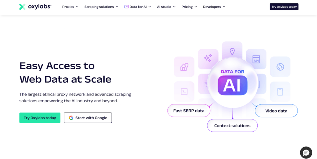 Screenshot of Oxylabs’ homepage showing the tagline “Easy Access to Web Data at Scale” with a button to try Oxylabs and an illustration labeled “Data for AI” surrounded by icons for solutions like Fast SERP data, Video data, and Context solutions. | FintechZoom