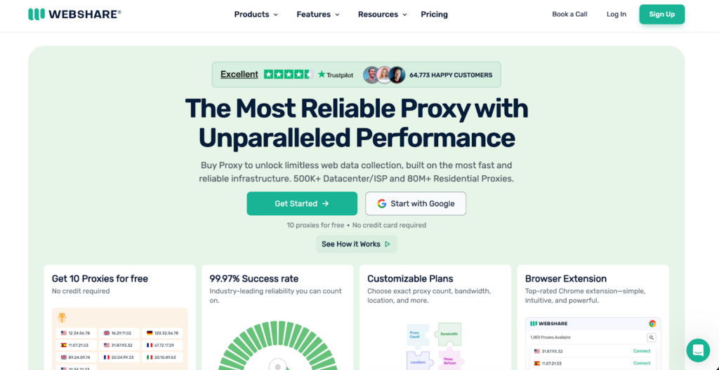 Screenshot of Webshare's homepage advertising reliable proxy services, featuring customer reviews, a "Get Started" button, options to sign up, icons for features like customizable plans, and a navigation bar at the top. | FintechZoom