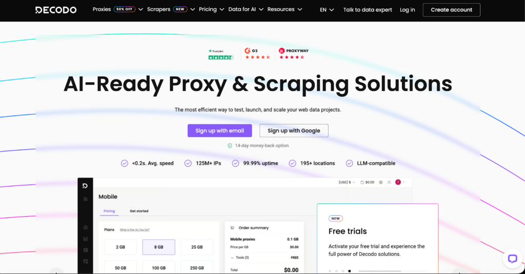 Screenshot of the Decodo website homepage, featuring the headline “AI-Ready Proxy & Scraping Solutions” with options to sign up, pricing details, trial info, average speed, uptime stats, and a navigation bar at the top. | FintechZoom