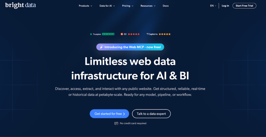 Homepage of Bright Data with dark blue background, white text reads "Limitless web data infrastructure for AI & BI," and buttons for “Get started for free” and “Talk to a data expert.” Navigation and trial sign-up options are at the top. | FintechZoom