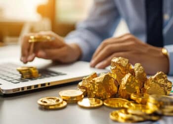 A person in business attire uses a laptop with stacks of gold coins and gold nuggets on the desk, suggesting finance, investment, or trading activities. | FintechZoom