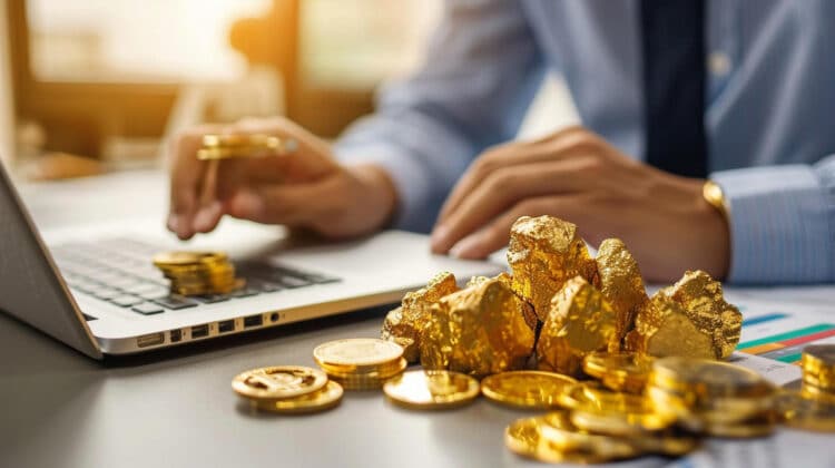 A person in business attire uses a laptop with stacks of gold coins and gold nuggets on the desk, suggesting finance, investment, or trading activities. | FintechZoom