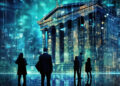 Silhouetted people stand before a large classical building with columns, surrounded by glowing digital symbols and data streams, evoking a blend of finance, technology, and futuristic themes. | FintechZoom