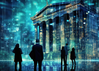 Silhouetted people stand before a large classical building with columns, surrounded by glowing digital symbols and data streams, evoking a blend of finance, technology, and futuristic themes. | FintechZoom