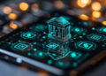 A glowing digital bank icon appears on a smartphone screen surrounded by financial and technology symbols, with blurred lights and a keyboard in the background, representing online banking or fintech. | FintechZoom