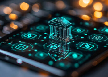 A glowing digital bank icon appears on a smartphone screen surrounded by financial and technology symbols, with blurred lights and a keyboard in the background, representing online banking or fintech. | FintechZoom