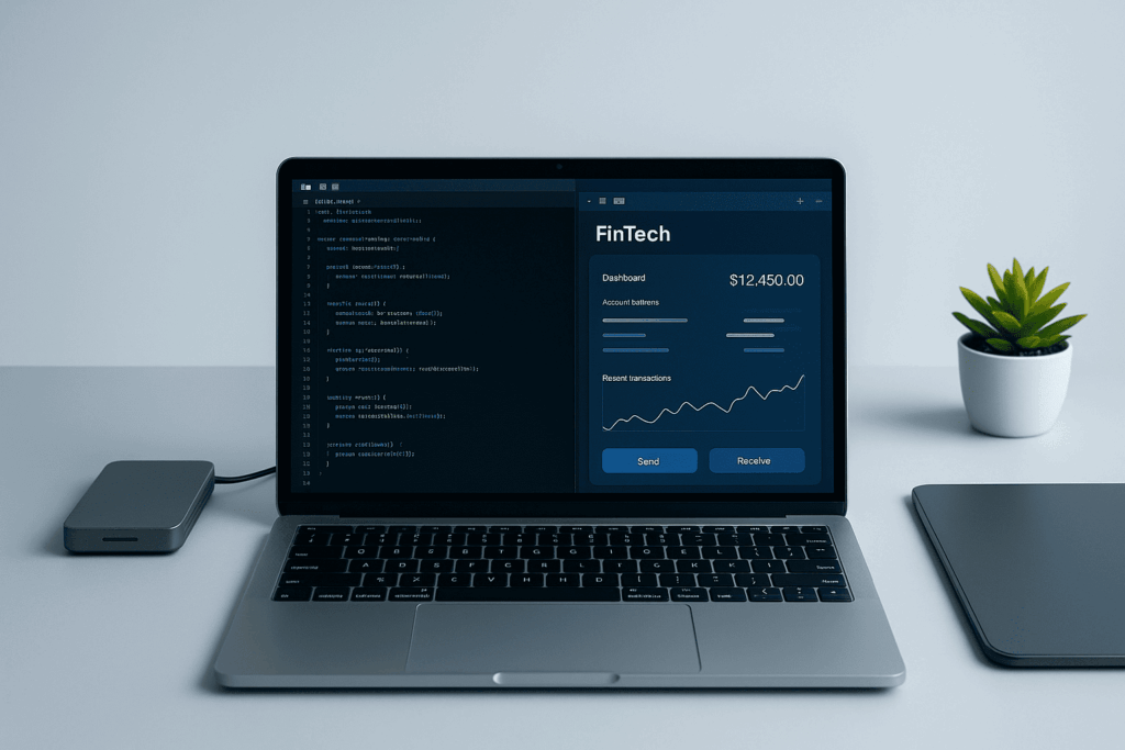 A laptop on a desk displays code on one side and a FinTech dashboard with account balance on the other, reflecting strategic talent at work. Nearby are an external drive, a mousepad, and a small potted plant. | FintechZoom