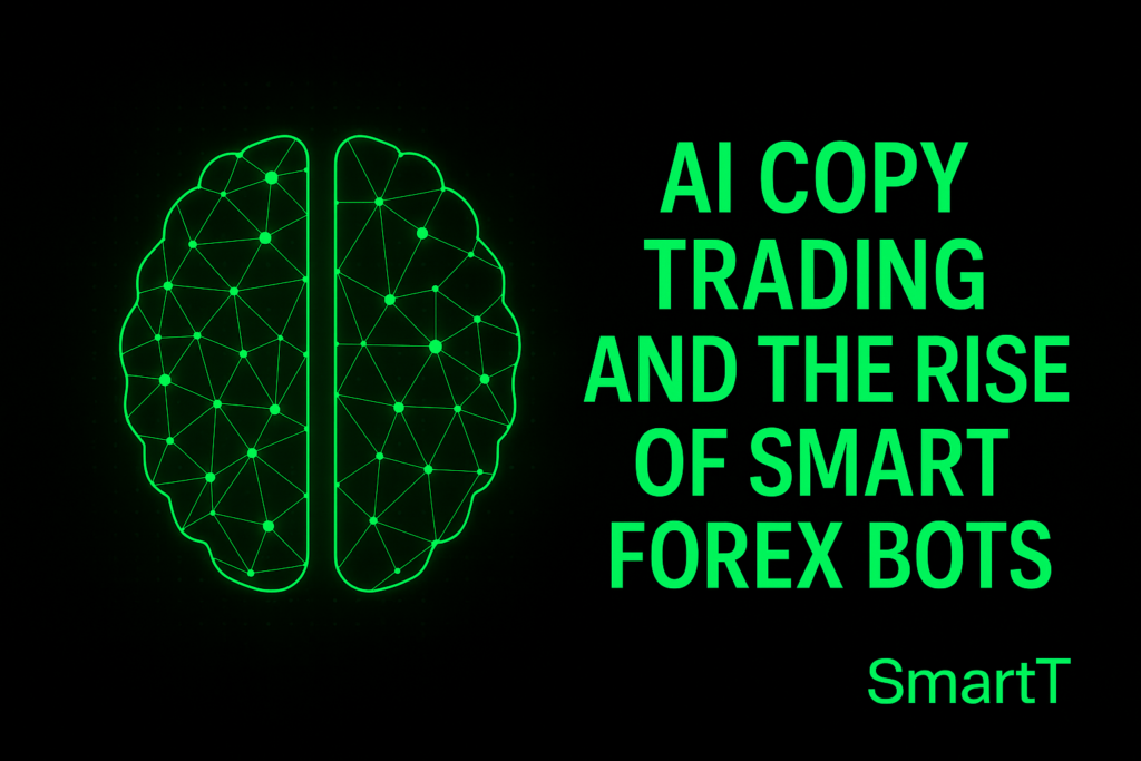 A neon green digital brain with network lines appears on the left. On the right, bold text reads: “AI Copy Trading and the Rise of Smart Forex Bots.” “SmartT” is written in the bottom right corner. The black background highlights AI copy trading innovation. | FintechZoom